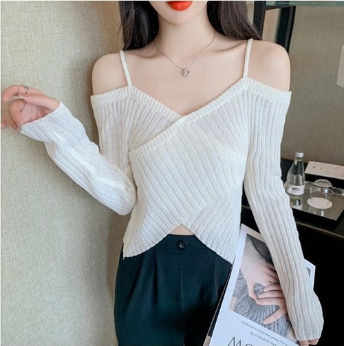 Elegant Women Long Sleeves Top - Front Cami Cross Halter Neck Knitted Off The Shoulder Ribbed Solid Tops | Elegant Basic Fashion Piece