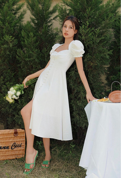 Women Smocked Puff Short Sleeves A-line Midi Dress - Square Neck Cut Out Cotton Midi Dress w/ buttons For Wedding & Casual