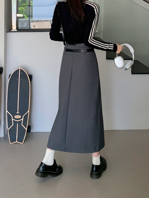 Grey Women Midi Skirt by Daisy Clothing with Double Belts | Classic Basic Fashion Piece