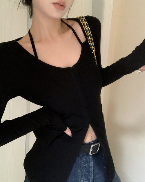 Elegant U-Shape Neck Long Sleeves Cardigan Top – Knitted Cotton Tops | Classic Basic Fashion Piece