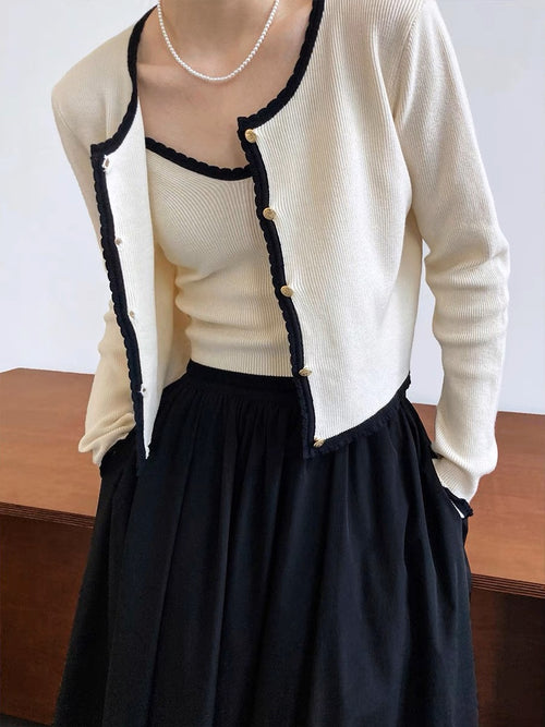 Women Elegant Scoop Neck Long Sleeves Cropped Cardigan – Knitted Cotton w/ Notched Buttons Cardigan Tops Jacket | This set includes 1 cardigan and 1 top inside