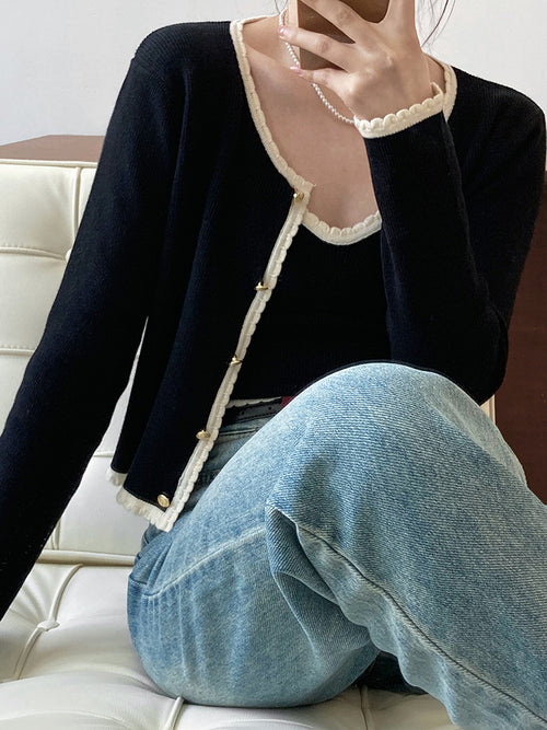 Women Elegant Scoop Neck Long Sleeves Cropped Cardigan – Knitted Cotton w/ Notched Buttons Cardigan Tops Jacket | This set includes 1 cardigan and 1 top inside