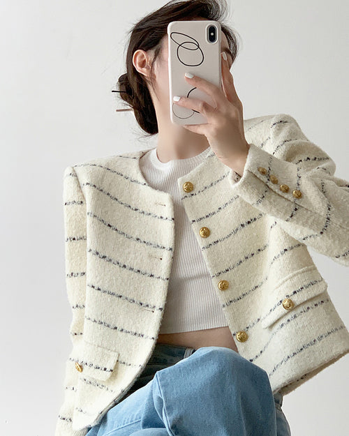 Cream Elegant Boucle Tweed Blazer Jacket by Daisy Clothing - Trendy Vintage Style Outfit