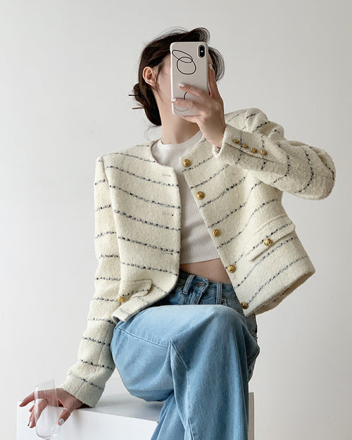 Cream Elegant Boucle Tweed Blazer Jacket by Daisy Clothing - Trendy Vintage Style Outfit