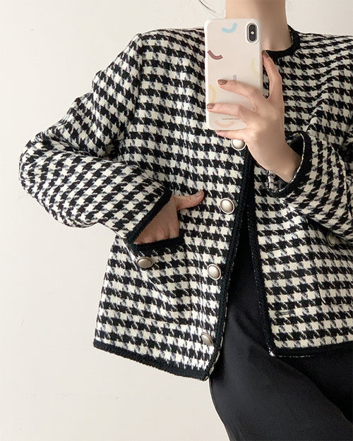 Women Houndstooth Tweed Boucle Blazer Jacket - Trendy Vintage Style Outfit| High Quality Superior Jacket