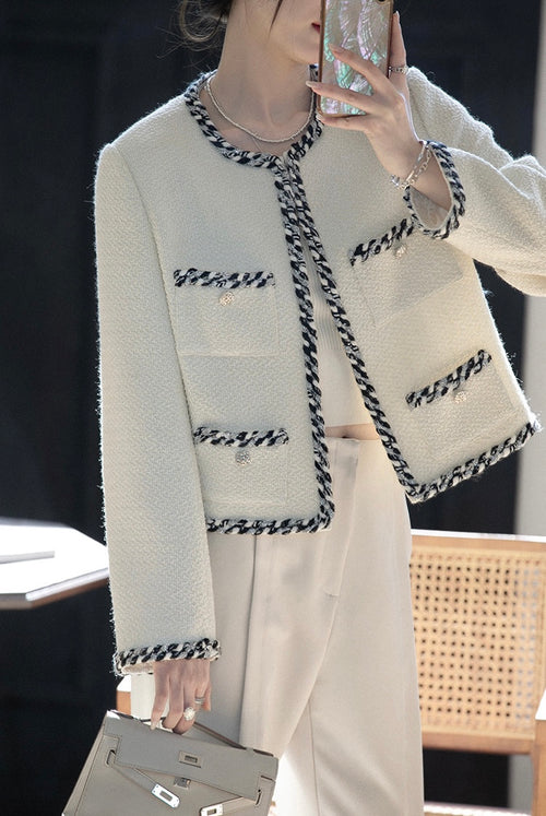 White Elegant Boucle Tweed Blazer Jacket by Daisy Clothing - Trendy Vintage Style Outfit