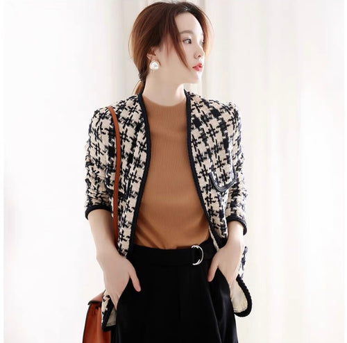 Elegant Houndstooth Tweed Boucle Blazer Jacket - Trendy Vintage Style Outfit| High Quality Superior Jacket