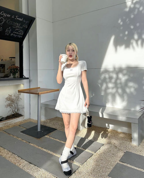 White Bow Mini Dress - She by Shj | Women Short Sleeve Mini Dress