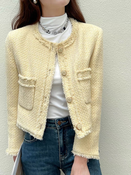 Elegant Boucle Tweed Blazer Jacket by Daisy Clothing - Trendy Vintage Style Outfit