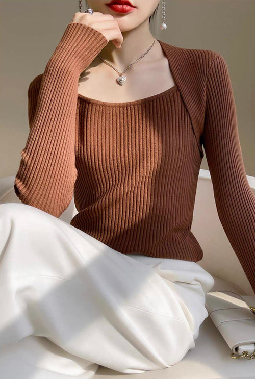 Elegant Square Neck Long Sleeves Top – Knitted Cotton Tops | Classic Basic Fashion Piece
