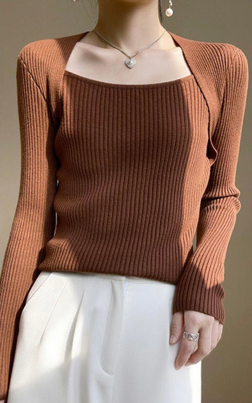 Elegant Square Neck Long Sleeves Top – Knitted Cotton Tops | Classic Basic Fashion Piece