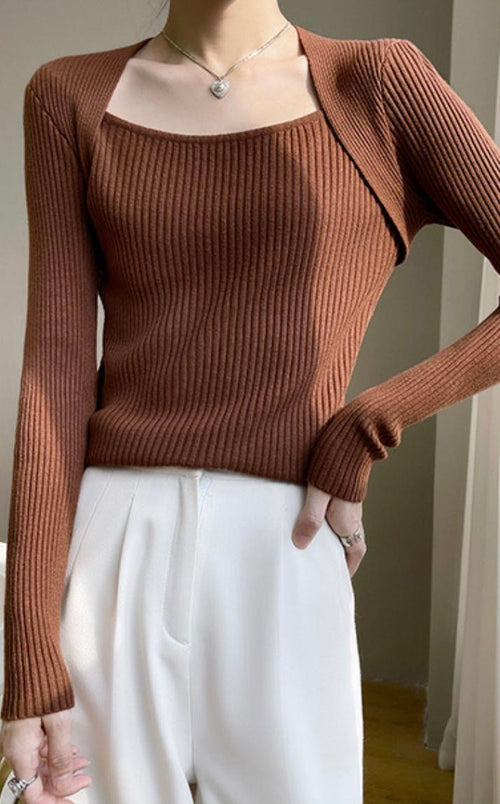 Elegant Square Neck Long Sleeves Top – Knitted Cotton Tops | Classic Basic Fashion Piece