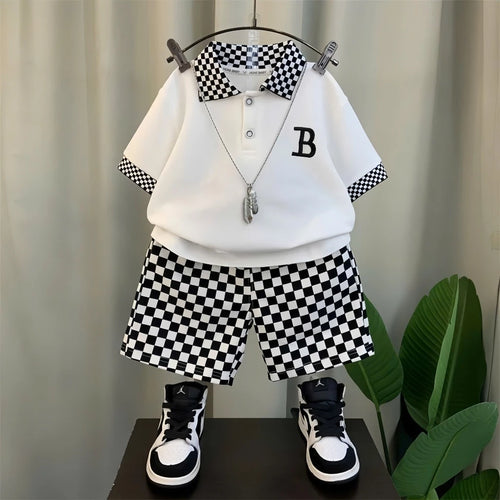 Abstract Geo Print Shirt & Shorts Set in White