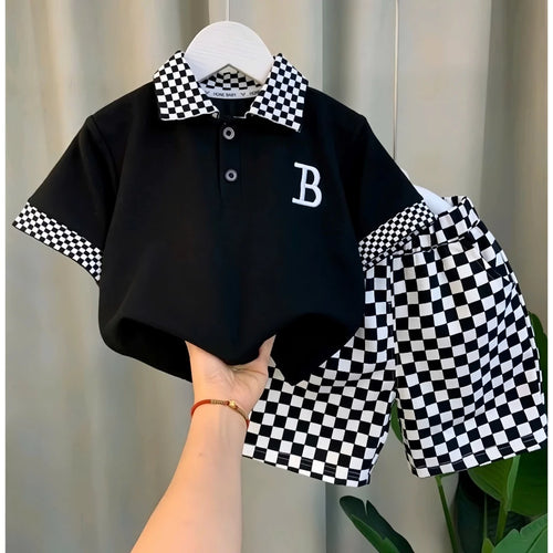 Abstract Geo Print Shirt & Shorts Set in Black