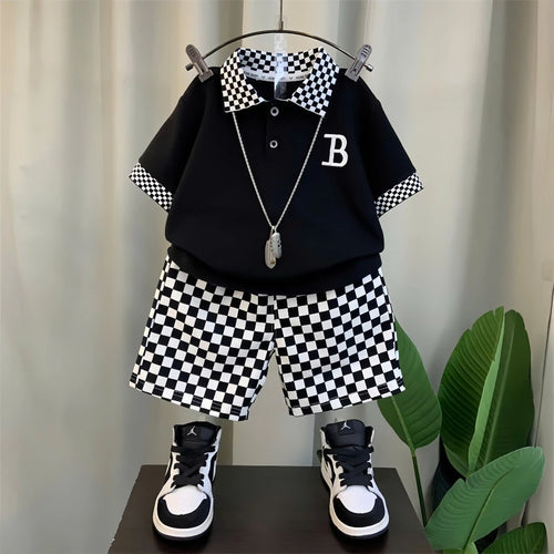 Abstract Geo Print Shirt & Shorts Set in Black