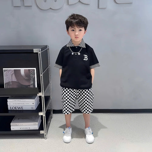 Abstract Geo Print Shirt & Shorts Set in Black