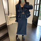 (Set 2 pieces) Denim Blazer Jacket & Midi skirt jeans- Trendy Single Breasted Outfit
