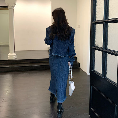 (Set 2 pieces) Denim Blazer Jacket & Midi skirt jeans- Trendy Single Breasted Outfit