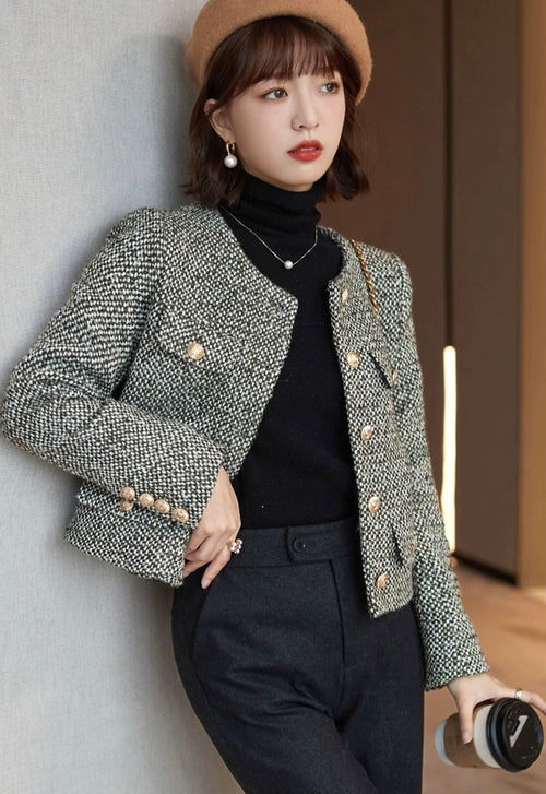 Women Tweed Cropped Blazer Jacket - Trendy Single Breasted Outfit w/ Yellow Buttons | High Quality Short Suit Top