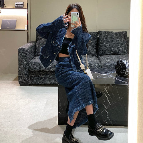 (Set 2 pieces) Denim Blazer Jacket & Midi skirt jeans- Trendy Single Breasted Outfit