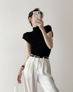 Women Black Funnel Neck Short Sleeves Crop Top – Knitted | Classic Basic Fashion Piece