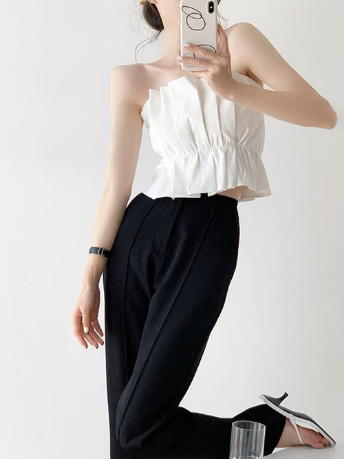 Women Sleeveless Tube Top - Strapless Pleated Cotton Tube Tops | Elegant Basic Fashion Piece