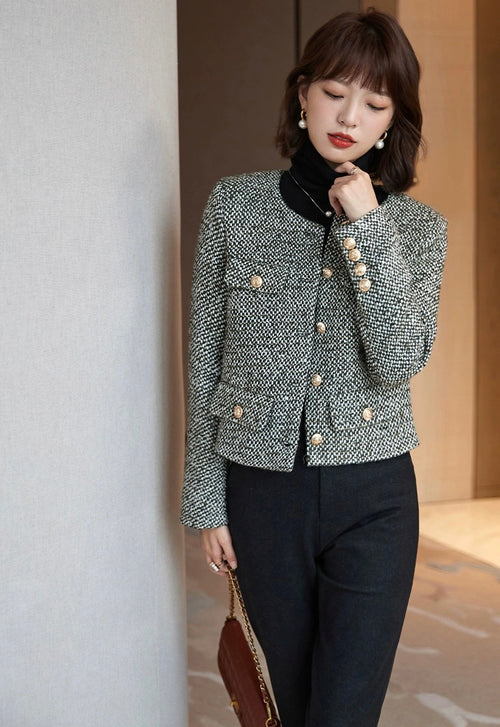 Women Tweed Cropped Blazer Jacket - Trendy Single Breasted Outfit w/ Yellow Buttons | High Quality Short Suit Top