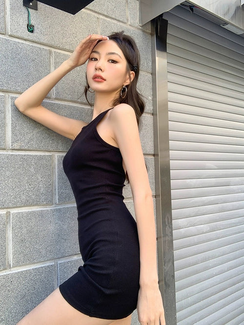 Chic Women Sleeveless Mini Dress - Stretchy Bodycon Style Cotton Mini Dress w/ Backless for Summer | Elegant Basic Fashion Piece