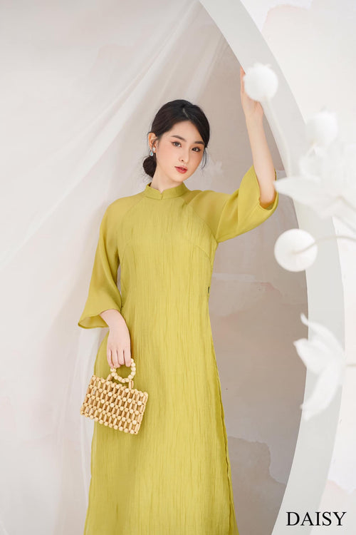 Ao Dai Elegant White Midi Dress in High Quality Silk - Lotus Dress Blouson Tunic Style for Casual | Wedding Guest Dress Ao Dai