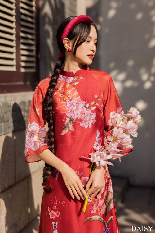 Ao Dai Elegant Red Midi Dress in Shiny Silk - Floral Dress Blouson for Casual | Wedding Guest Dress Ao Dai