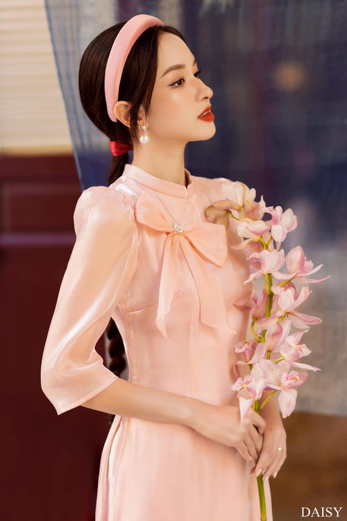Ao Dai Elegant Midi Dress in Shiny Silk - Solid Dress Blouson with  for Casual | Wedding Guest Dress Ao Dai