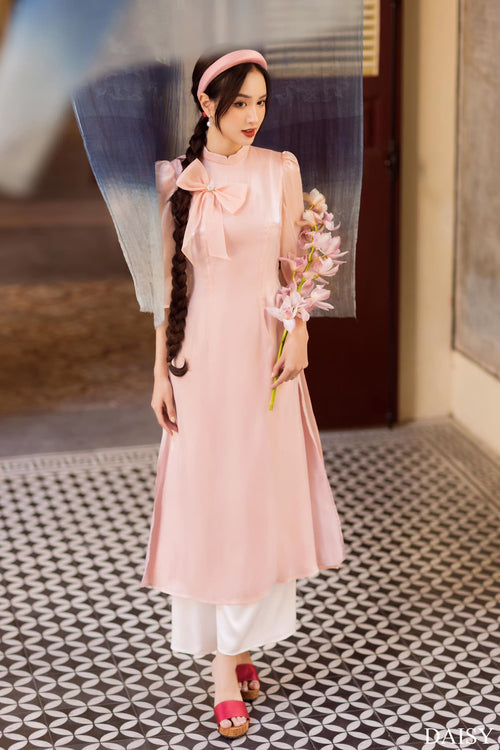 Ao Dai Elegant Midi Dress in Shiny Silk - Solid Dress Blouson with  for Casual | Wedding Guest Dress Ao Dai