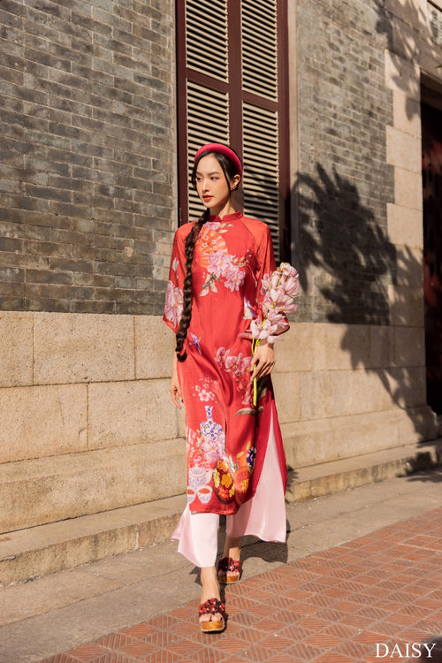 Ao Dai Elegant Red Midi Dress in Shiny Silk - Floral Dress Blouson for Casual | Wedding Guest Dress Ao Dai