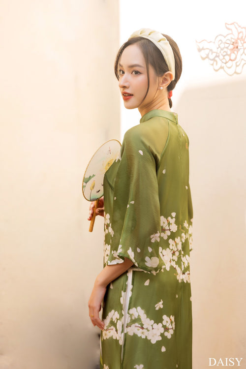 Ao Dai Elegant Green Midi Dress in Shiny Silk - Floral Dress Blouson for Casual | Wedding Guest Dress Ao Dai