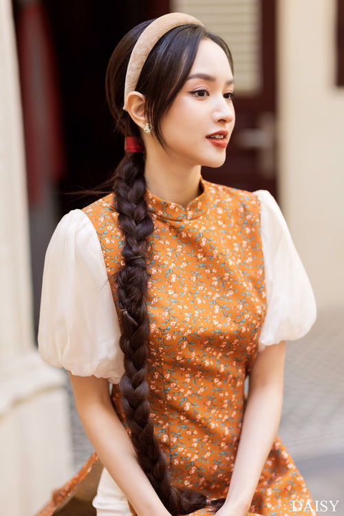 Ao Dai Elegant Orange Midi Dress in High Quality Silk - Floral Dress Blouson Vintage Style for Casual | Wedding Guest Dress Ao Dai