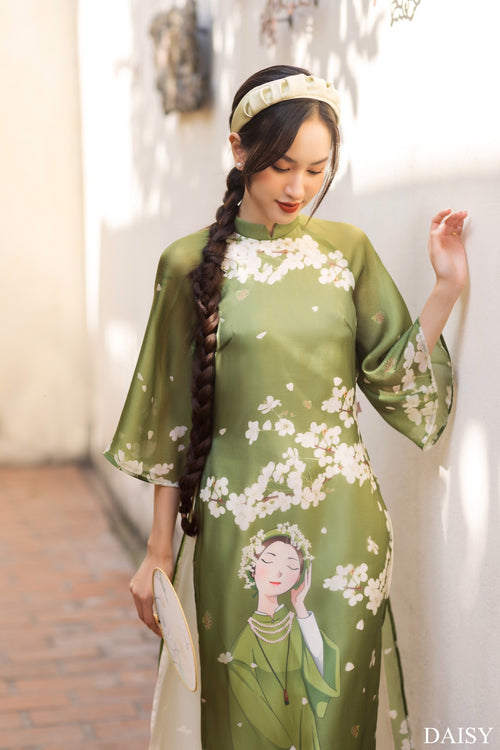Ao Dai Elegant Green Midi Dress in Shiny Silk - Floral Dress Blouson for Casual | Wedding Guest Dress Ao Dai