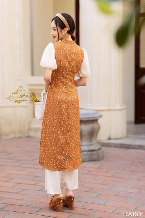 Ao Dai Elegant Orange Midi Dress in High Quality Silk - Floral Dress Blouson Vintage Style for Casual | Wedding Guest Dress Ao Dai