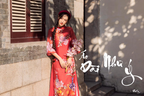 Ao Dai Elegant Red Midi Dress in Shiny Silk - Floral Dress Blouson for Casual | Wedding Guest Dress Ao Dai