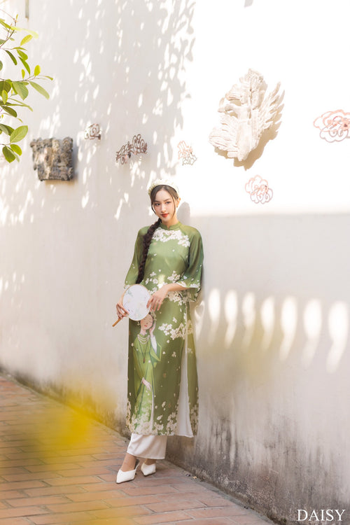 Ao Dai Elegant Green Midi Dress in Shiny Silk - Floral Dress Blouson for Casual | Wedding Guest Dress Ao Dai