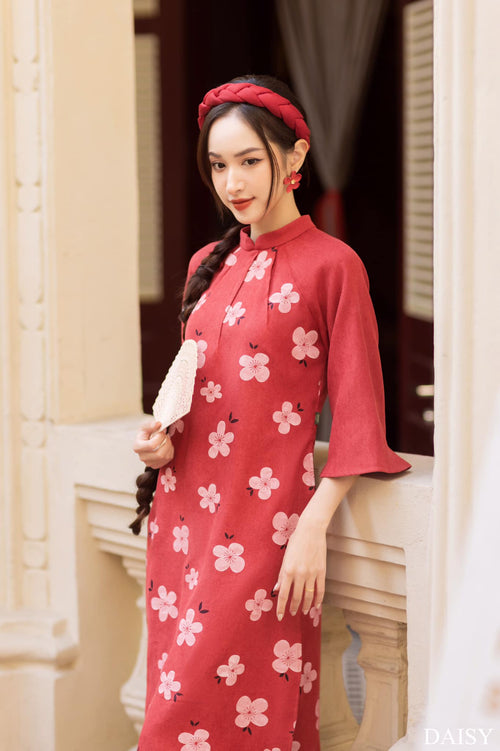 Ao Dai Elegant Midi Dress in Shiny Silk - Floral Dress Blouson for Casual | Wedding Guest Dress Ao Dai