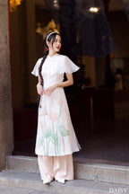 Ao Dai Elegant White Midi Dress in Shiny Silk - Lotus Dress Blouson Tunic Style for Casual | Wedding Guest Dress Ao Dai