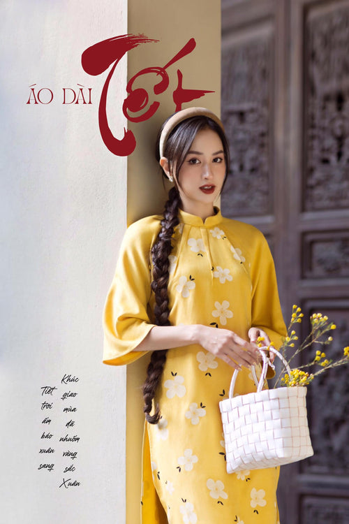 Ao Dai Elegant Midi Dress in Shiny Silk - Floral Dress Blouson for Casual | Wedding Guest Dress Ao Dai