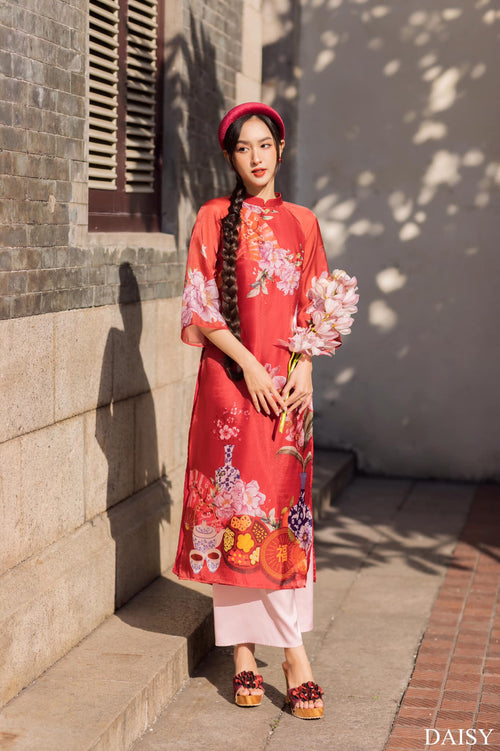 Ao Dai Elegant Red Midi Dress in Shiny Silk - Floral Dress Blouson for Casual | Wedding Guest Dress Ao Dai