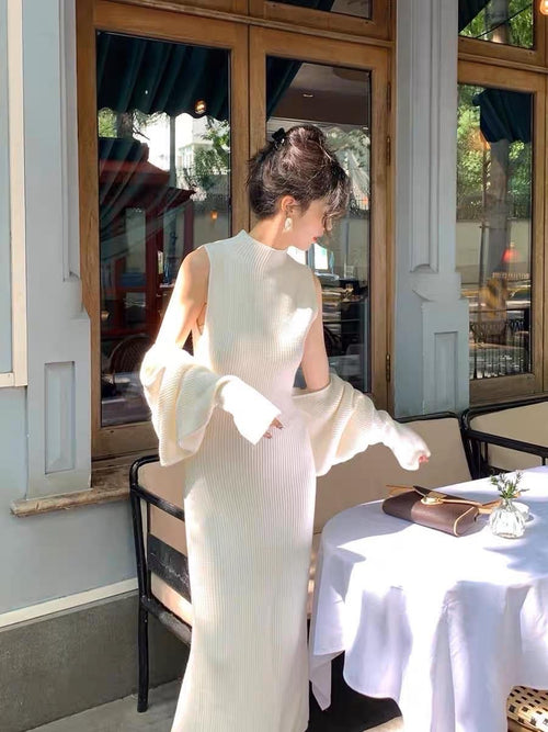 Elegant Chic Women Long Sleeve Midi Dress - 2 Sets: 1 Knitted Cotton Midi Dress + 1 external long sleeves | Elegant Basic Fashion