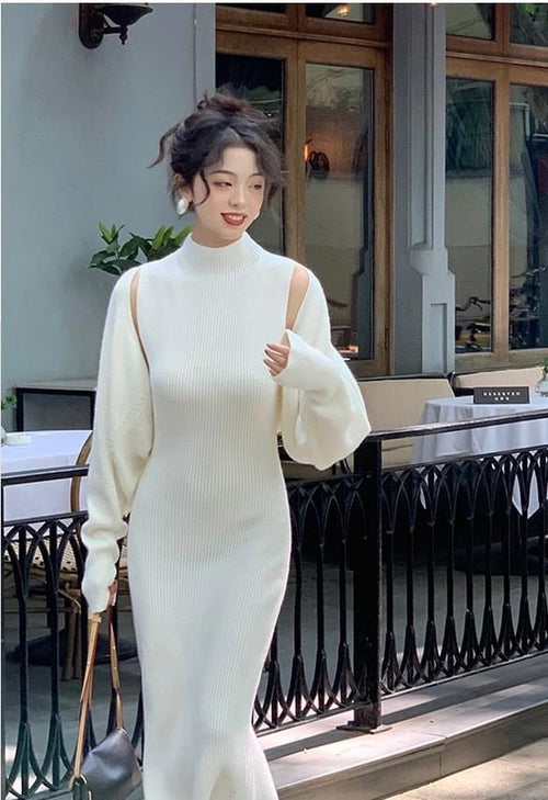 Elegant Chic Women Long Sleeve Midi Dress - 2 Sets: 1 Knitted Cotton Midi Dress + 1 external long sleeves | Elegant Basic Fashion