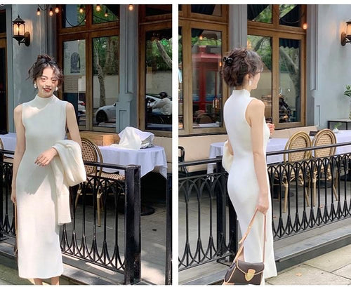 Elegant Chic Women Long Sleeve Midi Dress - 2 Sets: 1 Knitted Cotton Midi Dress + 1 external long sleeves | Elegant Basic Fashion