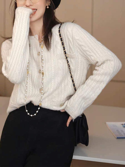 Elegant Round Neck Long Sleeves Top – Knitted Cotton w/ Closed Buttons Cardigan Tops | Classic Basic Fashion Piece