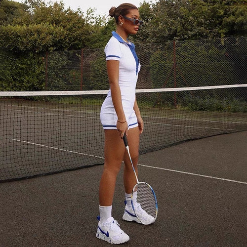 Sporty Women Short Sleeves Jumpsuit- Short Leg Length Polo Collar Tennis Deep V Cut Out Jumpsuit Jumpsuits | Sport Basic Fashion Piece
