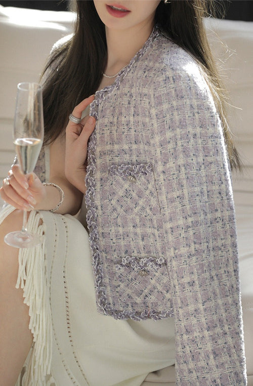 Lilac Purple Elegant Style Tweed Boucle Blazer Jacket - Trendy Vintage Style Outfit for Spring/Summer| High Quality Short Suit Top