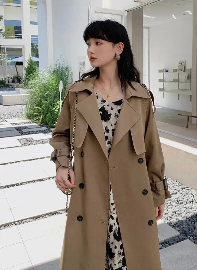 Elegant Double Buttons Trench Coat Jacket Dark Brown- Coats